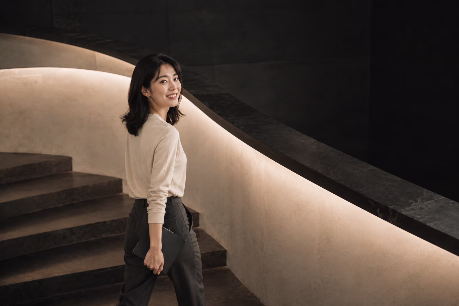 노트북을 들고 계단을 오르며 돌아보는 사람